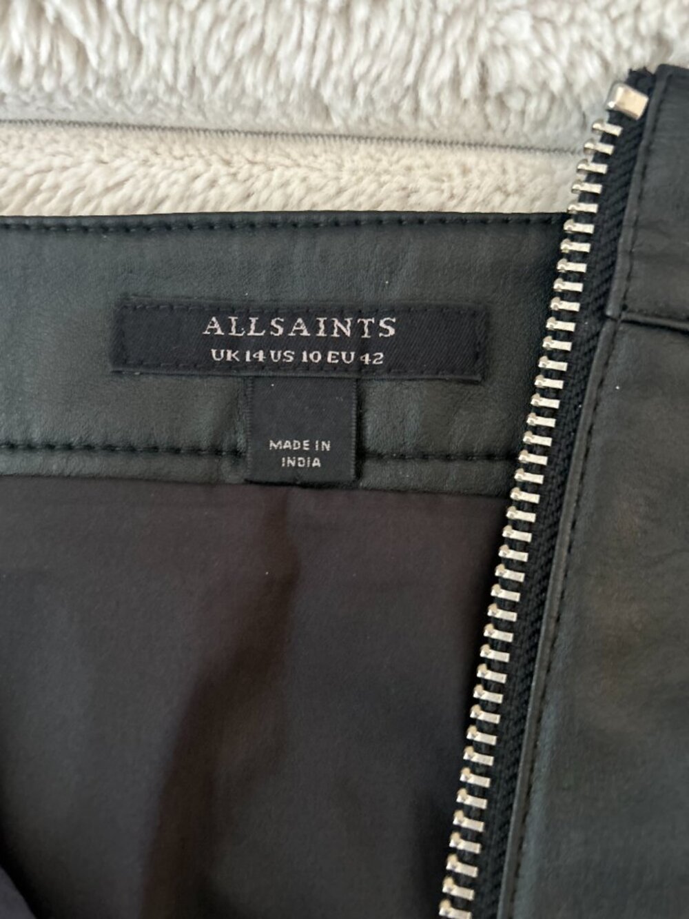ALLSAINTS Black Faux Leather Mini Skirt US 10 Zipper Accent Lined Biker Style - Picture 3 of 10